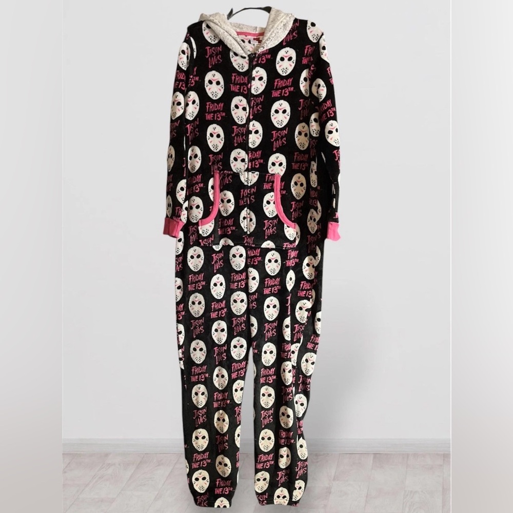 Official FRIDAY THE 13th All-Over Print Hooded Zips Bodysuit Pajamas One Pc. XL